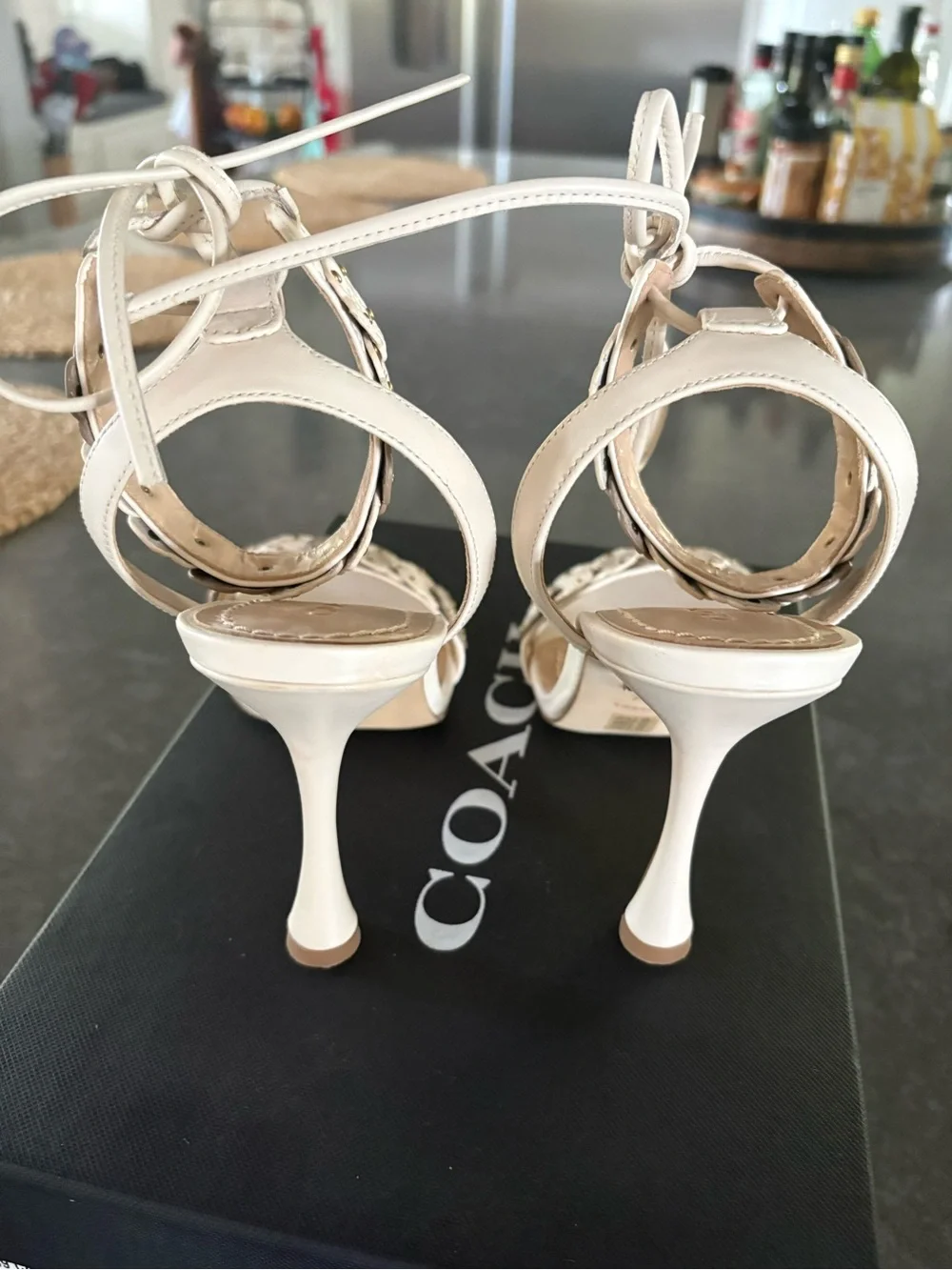 Coach Ivory Floral-Appliqué Ankle-Strap Heels